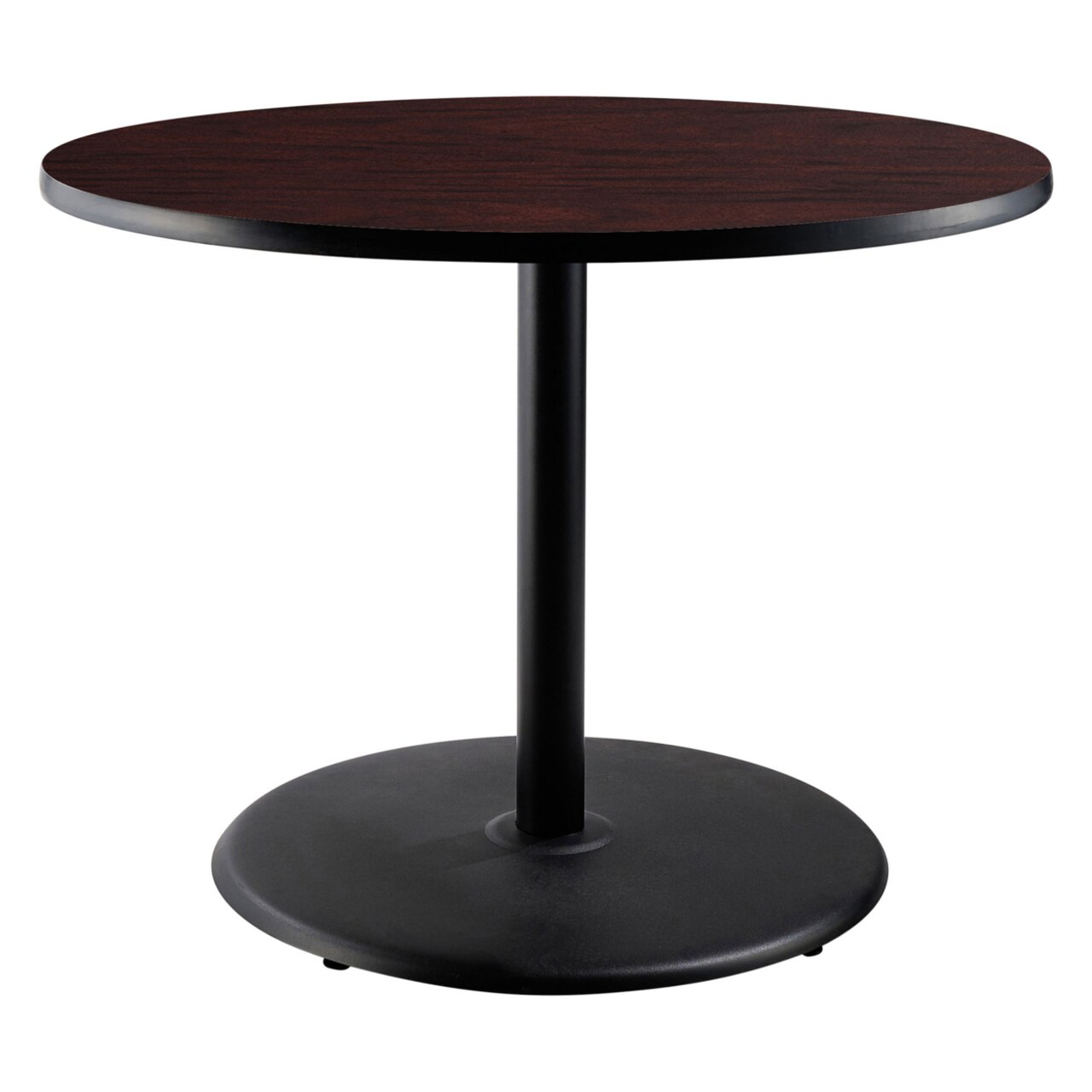 National Public Seating 36" Round Cafe Table With Round Base, 30" Height, Particleboard Core T-Mold, Mahogany Top, Black Frame